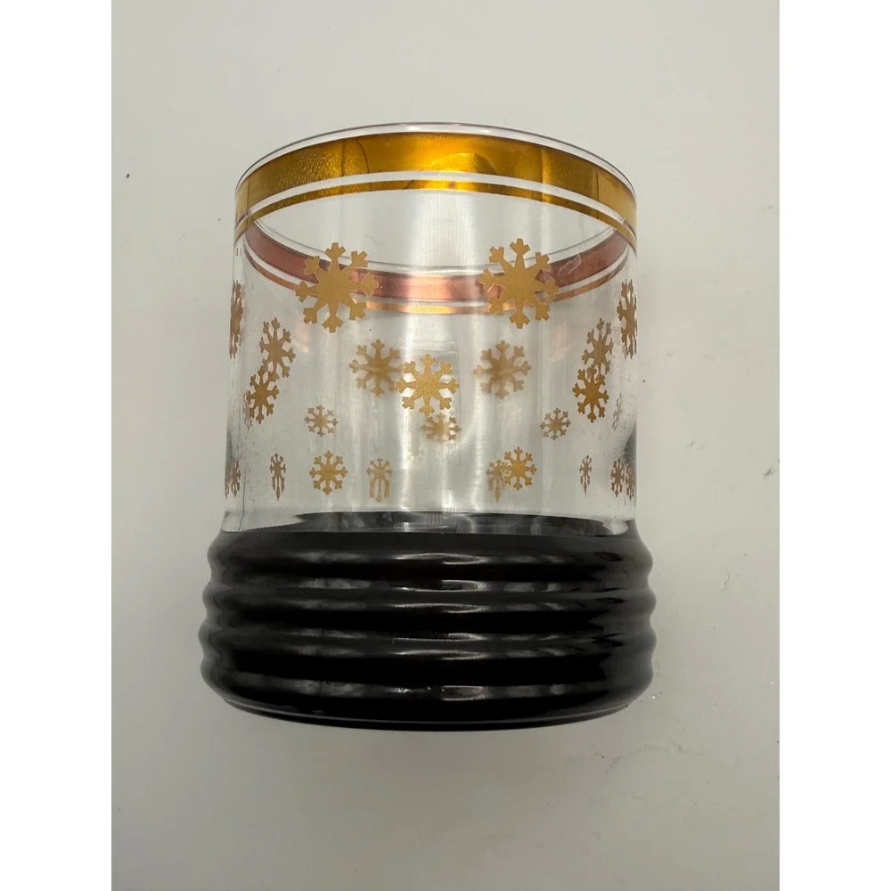 Vintage Style Gold Snowflake Rocks Glasses Black Ribbed Base Set of 2 Holiday